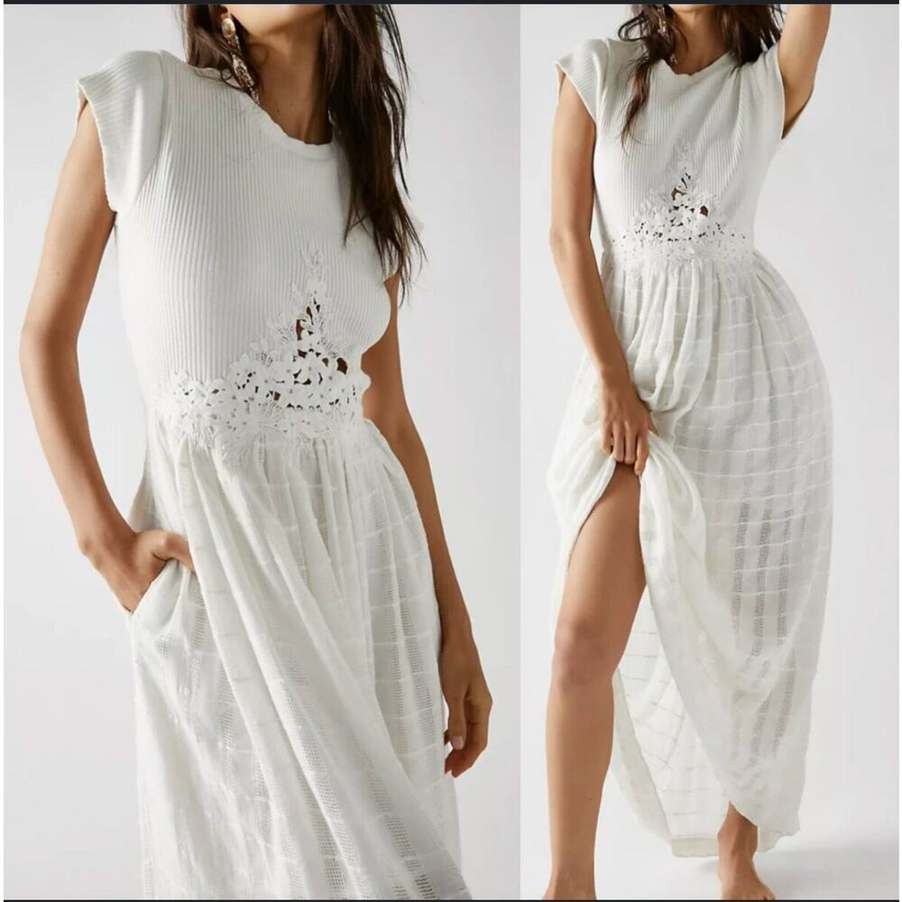 NWT Free People Serenity Ribbed Eyelet Cottagecore Boho‎ Maxi Beach Open Back XL